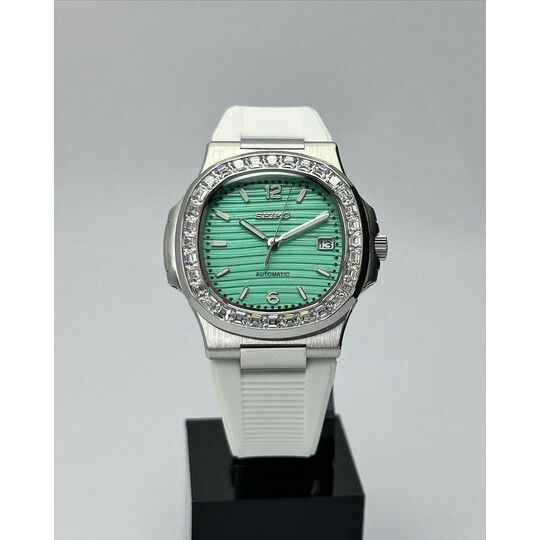 Custom Seiko Mod • Tiffany Diamond Nautilus on White Rubber Strap • 40mm